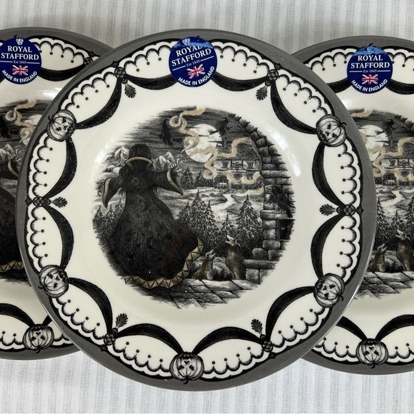 Royal Stafford Halloween Guardian Sorcerer Moon Witch Salad Plates Set of 3 New - Picture 2 of 6